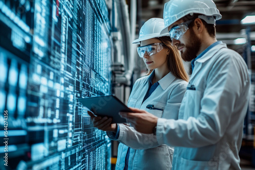 Industrial Engineers Using Tablet for Factory Digitalization and Data Visualization

