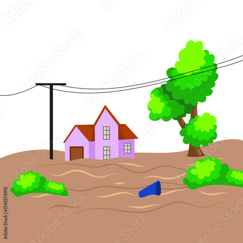 Illustration of a House Affected by Flood Disaster