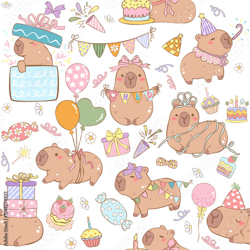 Retro Capybara Birthday Seamless Pattern PNG JPG | Vintage Capybara Animal Pattern, Preppy Digital Paper, Cute Capybara Repeating Pattern