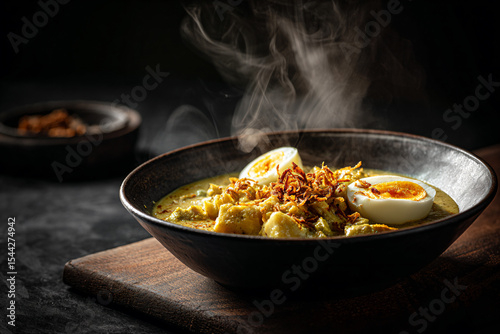 a bowl of soup with a boiled egg in it