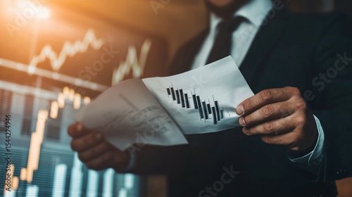 Distressed businessman holding torn contract with financial charts, symbolizing deception and loss in investment fraud, corporate scam and financial crisis concept.