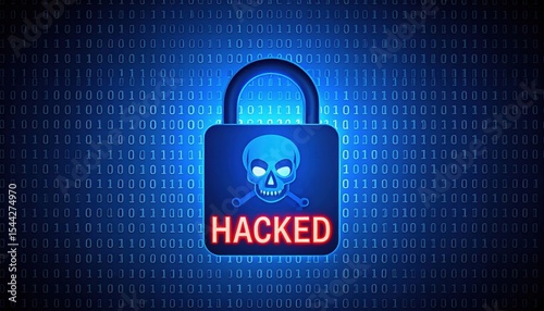 Cybersecurity breach alert with hacked padlock icon on binary code background
