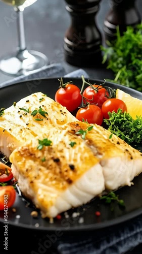 Pan fried cod fillets, garnished with tomatoes and lemon slices on a dark plate, served with a glass of white wine on a dark background.