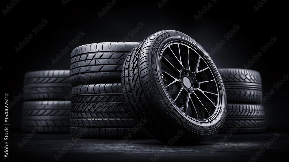 Naklejka premium Sleek Black Car Tires Stacked Against Dark Background Automotive Parts Industry Rubber Wheels