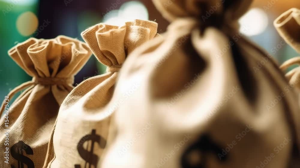 Burlap money sacks with dollar symbols, representing wealth, savings, and finance, displayed indoors with blurred bokeh effect background.