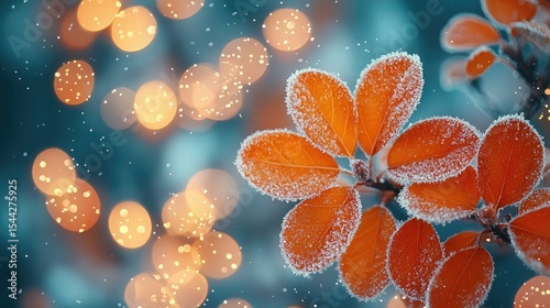 Frosted leaves against a backdrop of warm light bokeh.