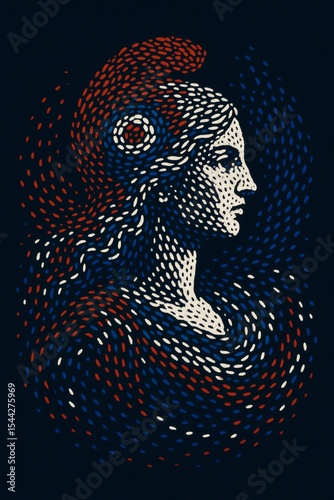 Marianne Portrait in French Tricolor Confetti, Abstract Modern AI Art of Liberty Symbol in Red, White, and Blue on Dark Background