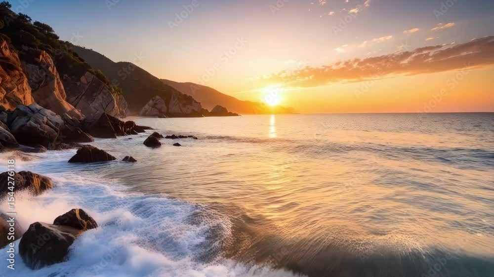 Seascape at sunset featuring waves washing over rocks and a tree-covered hillside on a calm day. Seascape at sunset featuring waves washing over rocks and a tree-covered hillside on a calm day.