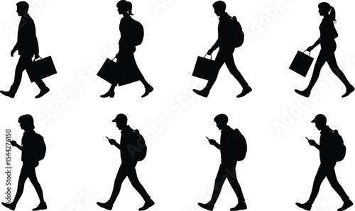 Silhouettes of people walking with bags and using mobile phones isolated