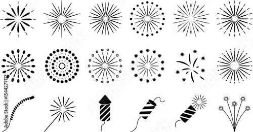 Collection of various black and white firework and sparkler illustrations
