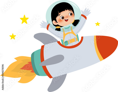 cartoon illustration of a astronout kids with rocket