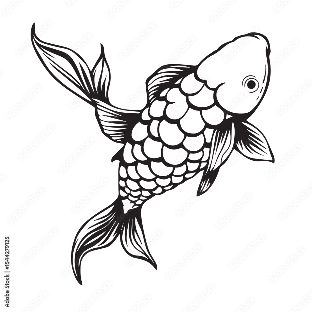 Fototapeta premium Elegant koi fish silhouette illustration in detailed line art style