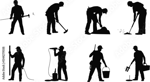 Silhouettes of construction workers performing various manual labor tasks