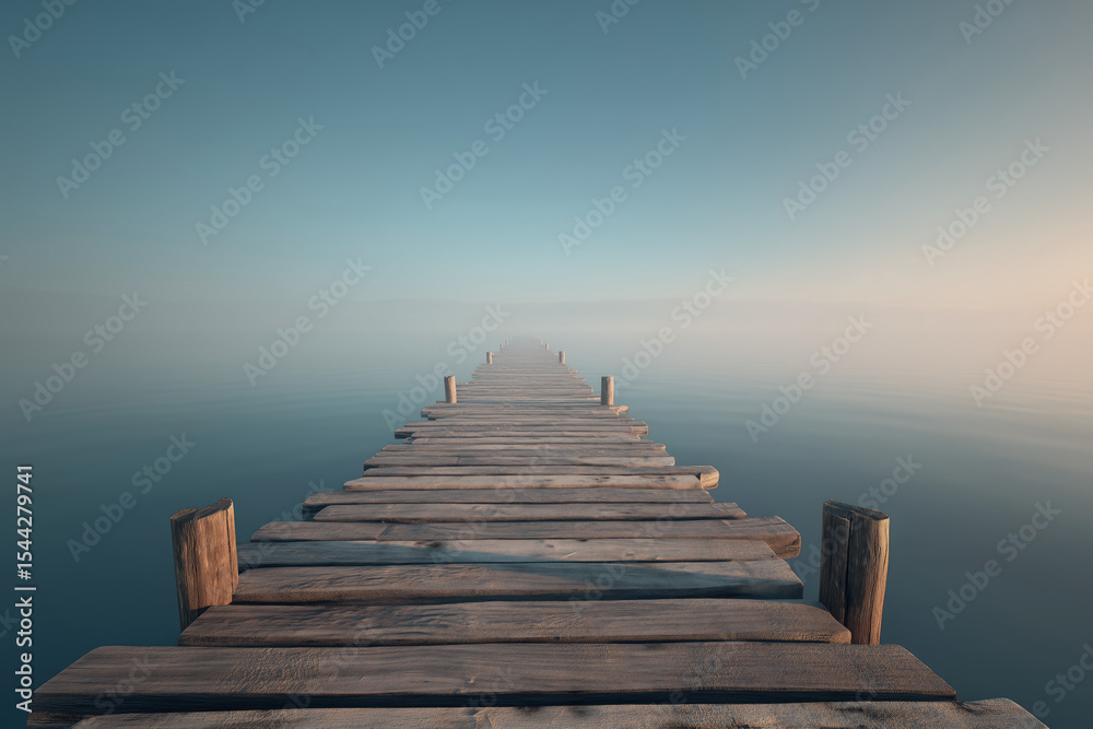 Fototapeta premium Minimal Wooden Pier Leading into Calm Foggy Ocean with Centered Vanishing Point