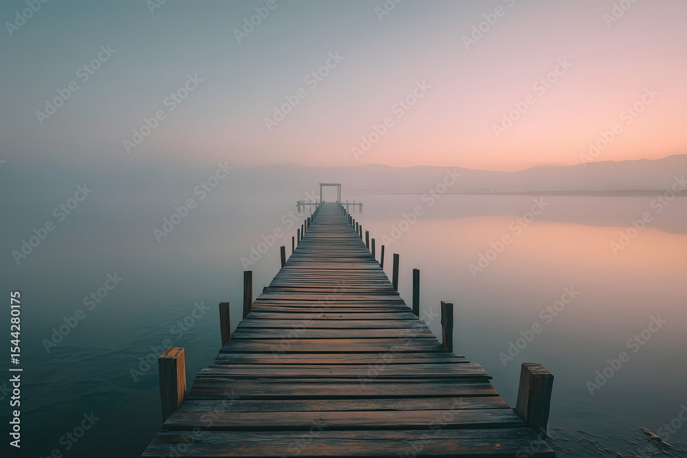 Fototapeta premium Minimal Wooden Pier Leading into Calm Foggy Ocean with Centered Vanishing Point