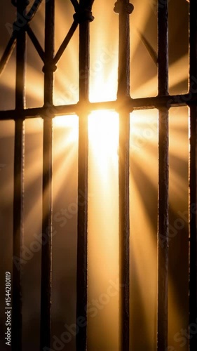 Radiant sunlight shining through an antique iron gate, with beams of light piercing the darkness