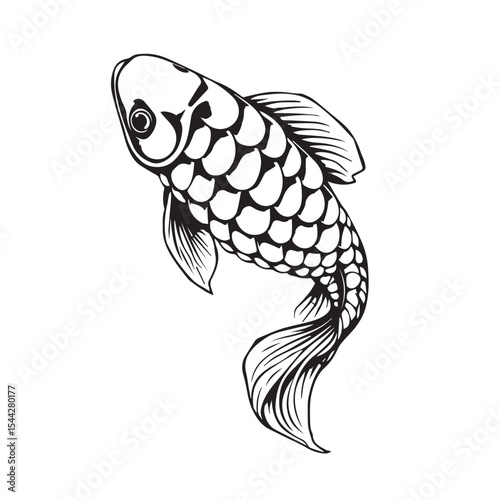 Elegant koi fish silhouette illustration in detailed black and white style
