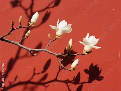 White Magnolia Blossoms on a Branch Against a Red Background