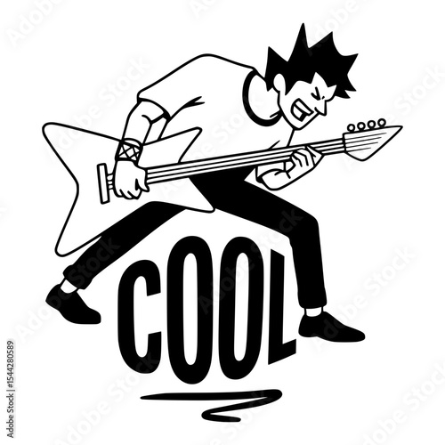 A Punk Rock Style Illustration of a Male Guitarist with 'Cool' Text
