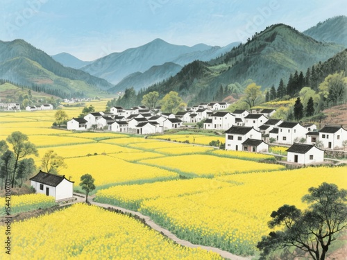 Rural Village Surrounded by Vibrant Yellow Flower Fields and Rolling Mountains