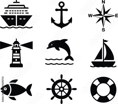 Collection of nautical themed icons including ship anchor and compass rose