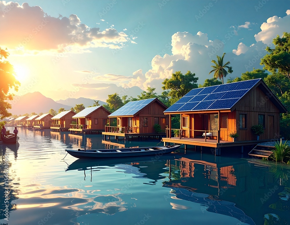 Fototapeta premium Innovative disaster-resilient floating village concept in Southeast Asia, modular homes on water, solar panels, emergency boats, cloudy sky, calm mood