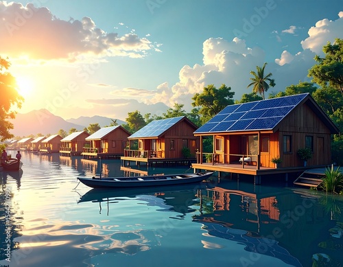 Innovative disaster-resilient floating village concept in Southeast Asia, modular homes on water, solar panels, emergency boats, cloudy sky, calm mood