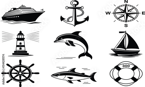 Nautical themed vector icons including ship anchor and marine animals