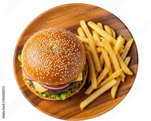 Juicy Cheeseburger with Lettuce Tomato Onion and Melted Cheese on Sesame Bun Next to Crispy French Fries on Wooden Plate