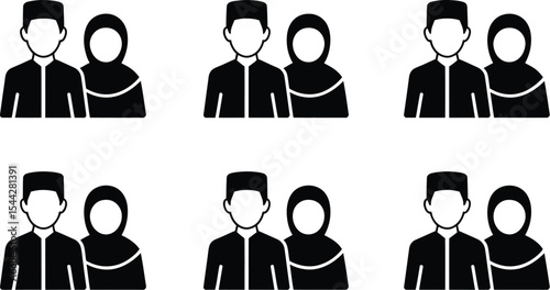 Six black and white muslim couple icons in a grid pattern on white background