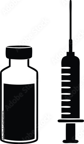 medical syringe with vaccine bottle silhouette vector illustration