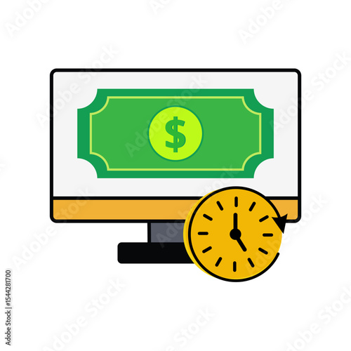 A computer monitor displaying a dollar bill, with a clock icon overlapping. Ideal for online banking, financial management, e-commerce, and time-sensitive transactions.