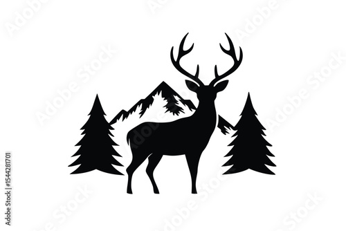mountain deer wild forest silhouette vector illustration