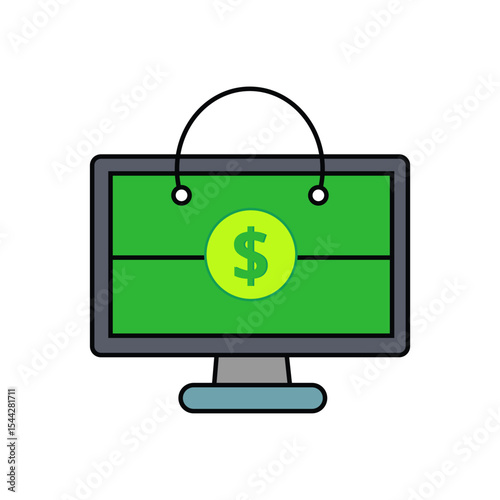 A computer monitor displaying a green screen with a dollar sign inside a shopping bag icon. Ideal for online shopping, e-commerce platforms, and digital retail.