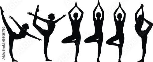 Silhouette of people doing yoga poses on a white background fitness