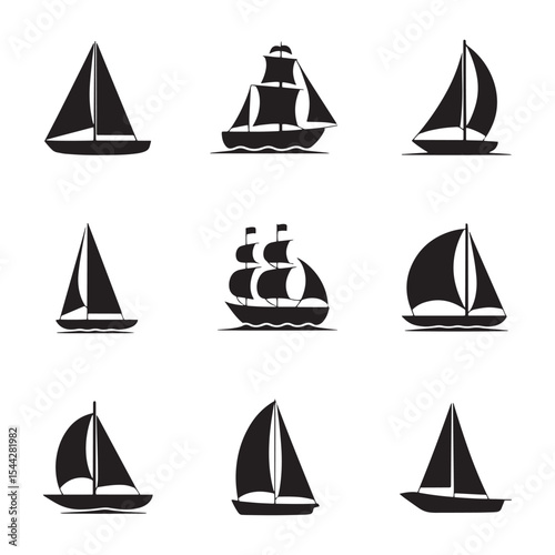 Silhouette Symphony of Sailboats A Diverse Collection of Nautical Vessels in Striking Black and White Displaying a Variety of Sail Types
