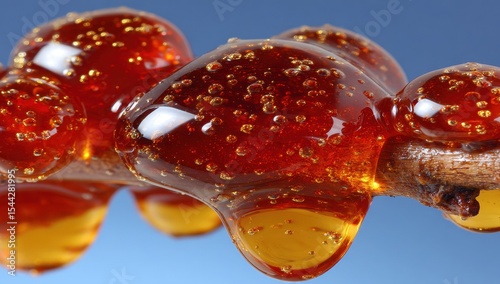 Amber-hued, viscous liquid drips and clings to a twig against a blue backdrop.  Close-up view