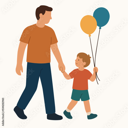 Father and son walking with balloons for father's day on transparent background