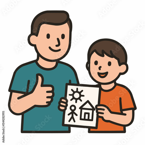 Cartoon father and son with drawing for father's day on transparent background