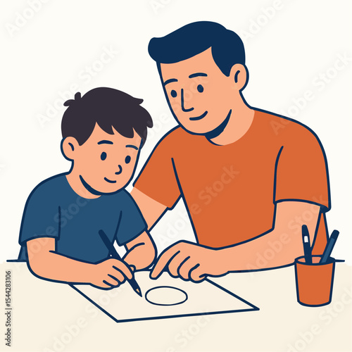 Father and son drawing together for father's day on transparent background