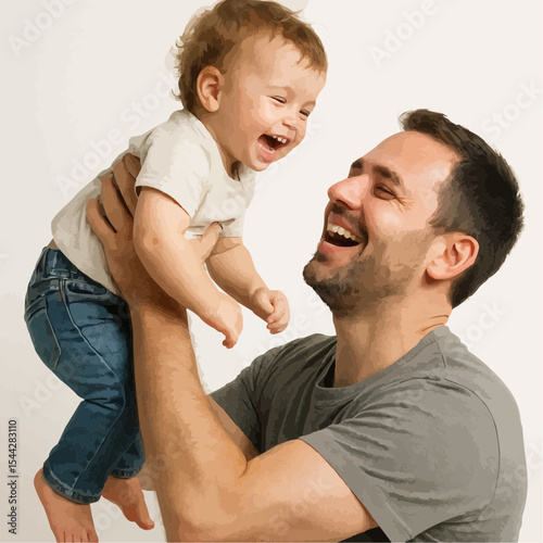 Father holding laughing baby in the air on transparent background
