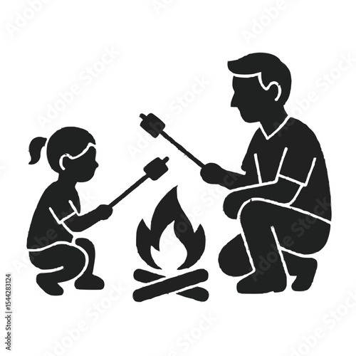 Father and daughter roasting marshmallows over campfire silhouette on transparent background