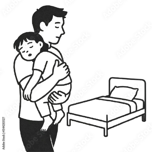 Father carrying sleeping child to bed, father's day themed illustration on transparent background