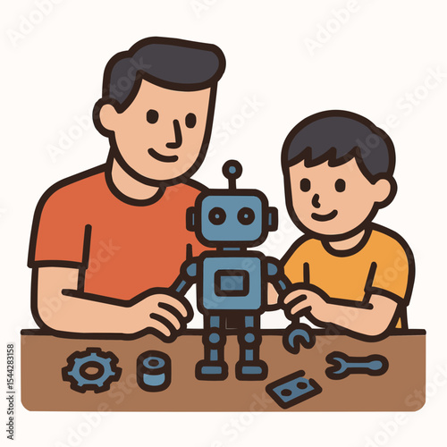 Father and son building robot together on transparent background