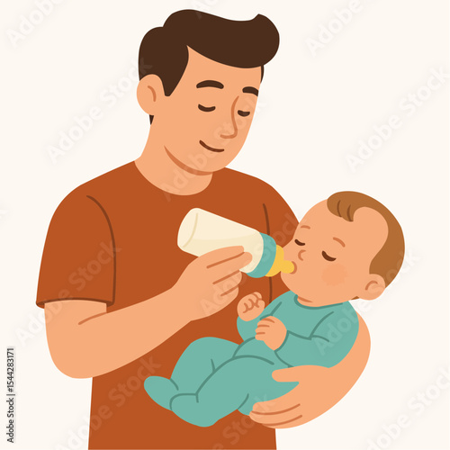 Illustration of father feeding baby with bottle on transparent background