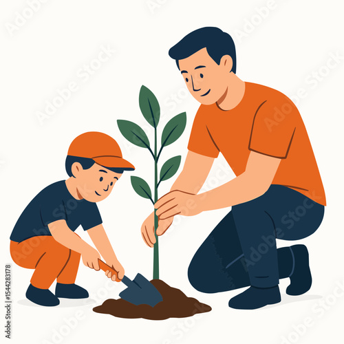 Father and son planting tree together on transparent background