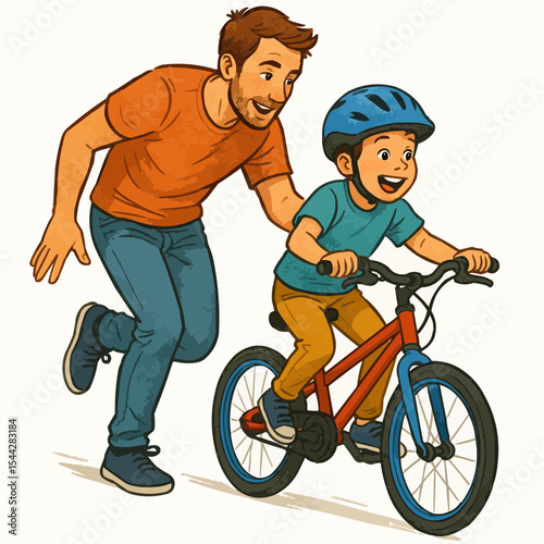 Father teaching son to ride bike on transparent background