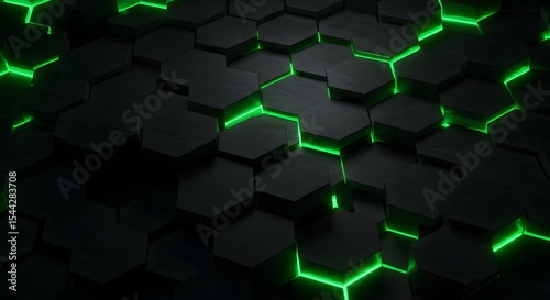 Futuristic hexagonal tiles illuminated by green neon glow