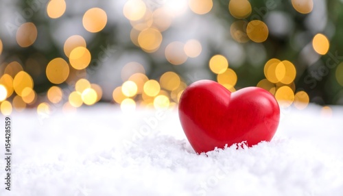 Red Heart on Snow with Bokeh Lights.