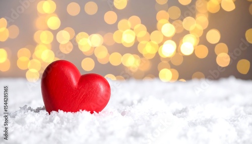 Red heart on snowy background with bokeh.